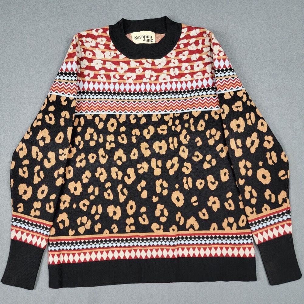 Savannah Jane Sweater Womens Small Multi Color Cheetah Print Geometric Artsy
